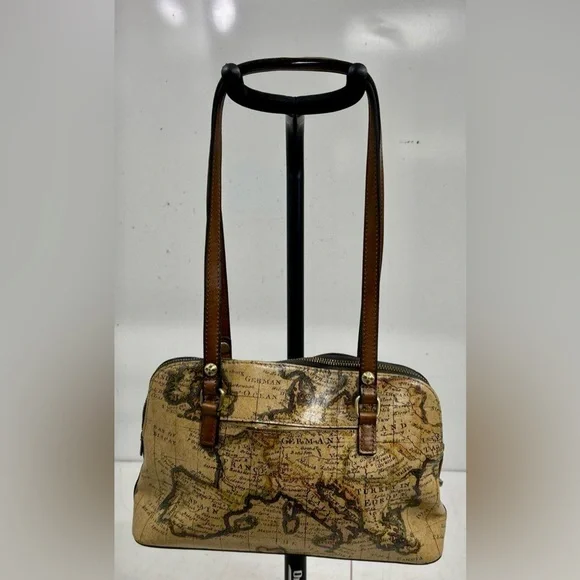 Patricia Nash Sophie Leather Satchel Shoulder Bag TWIST LOCK ZIPPER MAP PRINT - Picture 5 of 7